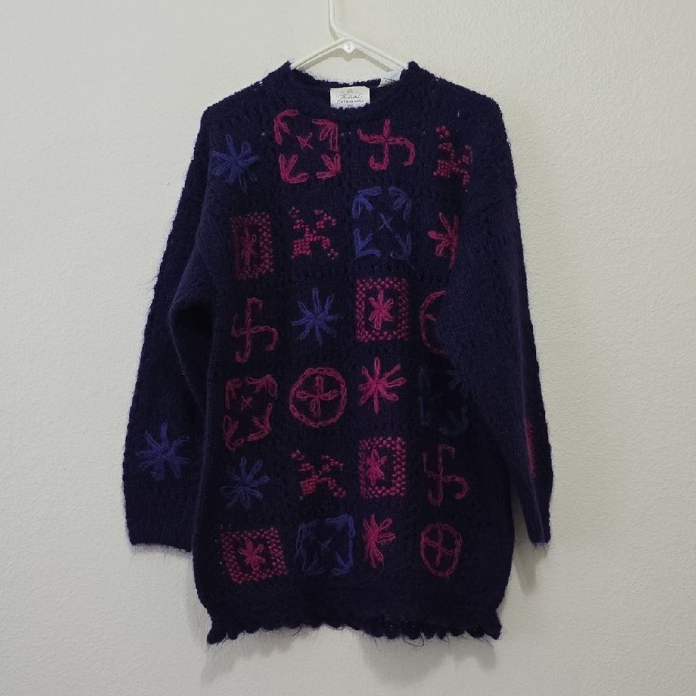 Express Dark Blue and Purple Patterned Sweater S